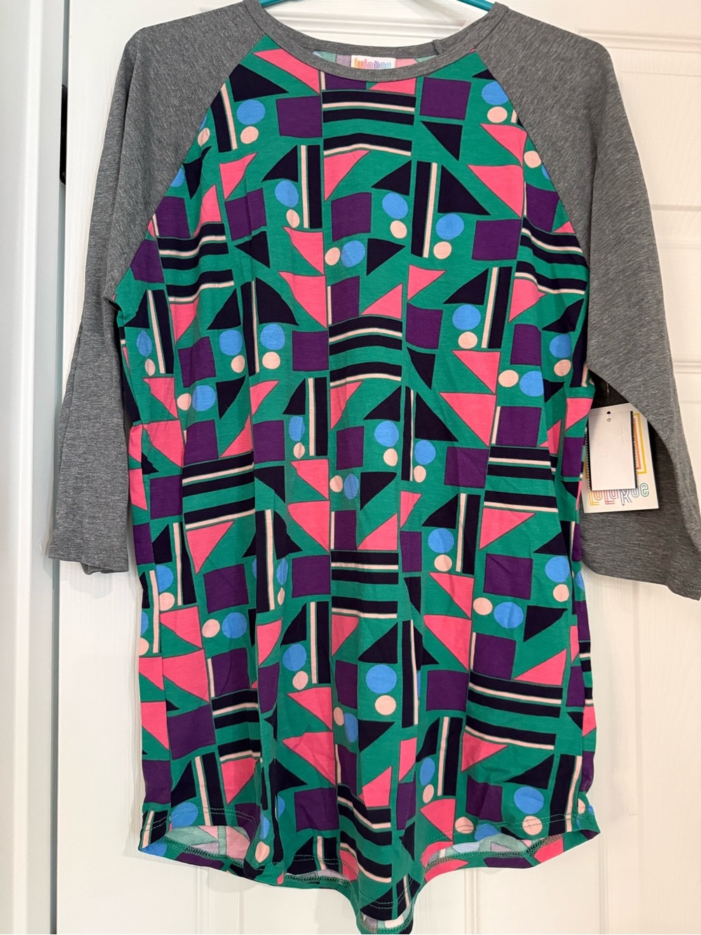 LuLaRoe Randy Geometric Green & Pink Patterned Raglan Tee